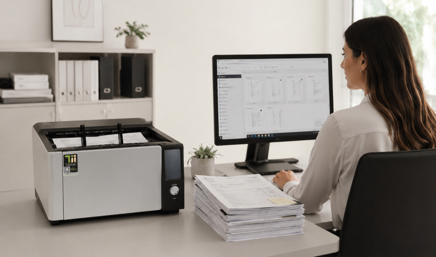 Empleado utilizando el escáner fi-8950 en una oficina para digitalizar documentos, mientras trabaja frente a un ordenador con varios archivos visibles en pantalla.