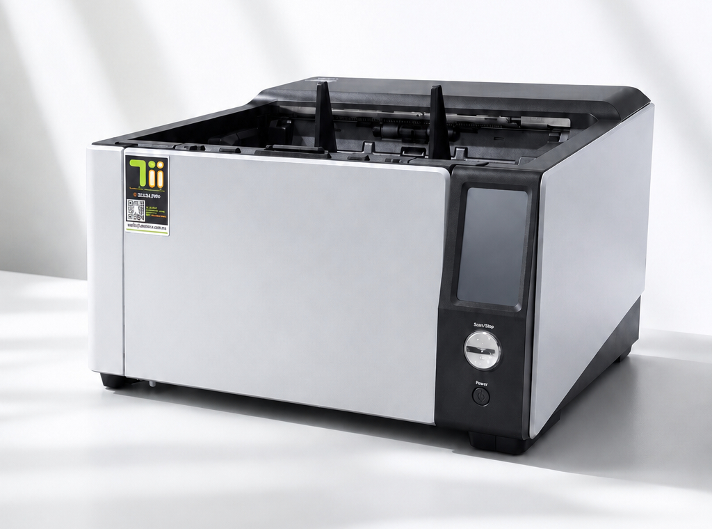 Escáner fi-8950 en exhibición, mostrando su diseño robusto y funcionalidades avanzadas para digitalización eficiente en entornos de oficina.