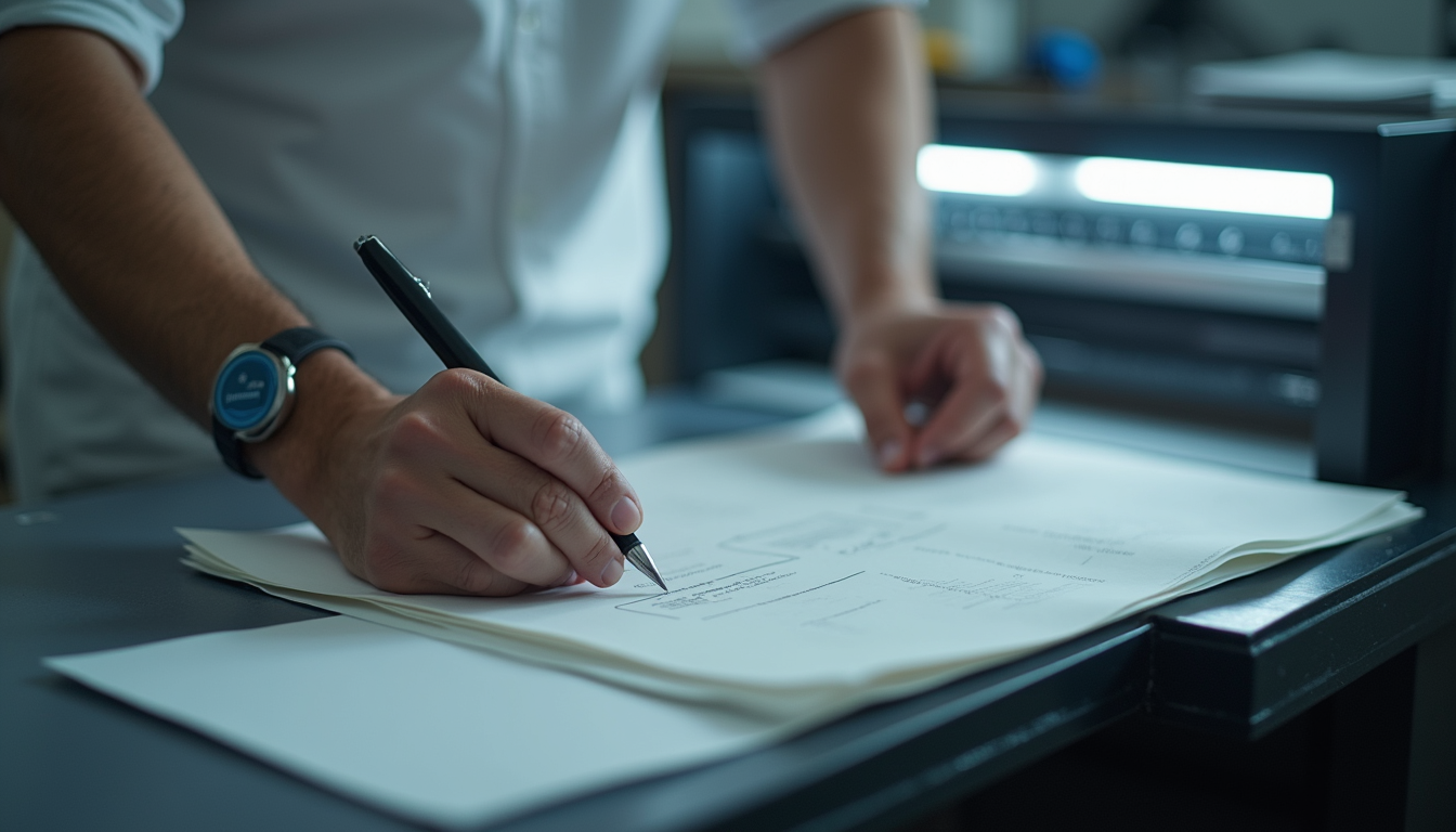 Plano detalle de técnico instalando impresora en oficina
